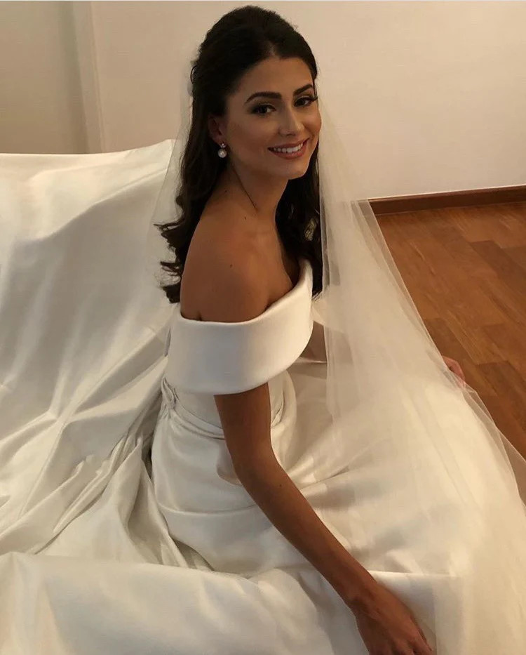 A Line Wedding Dresses Satin Off The Shoulder Sweep Train Zipper With Buttons