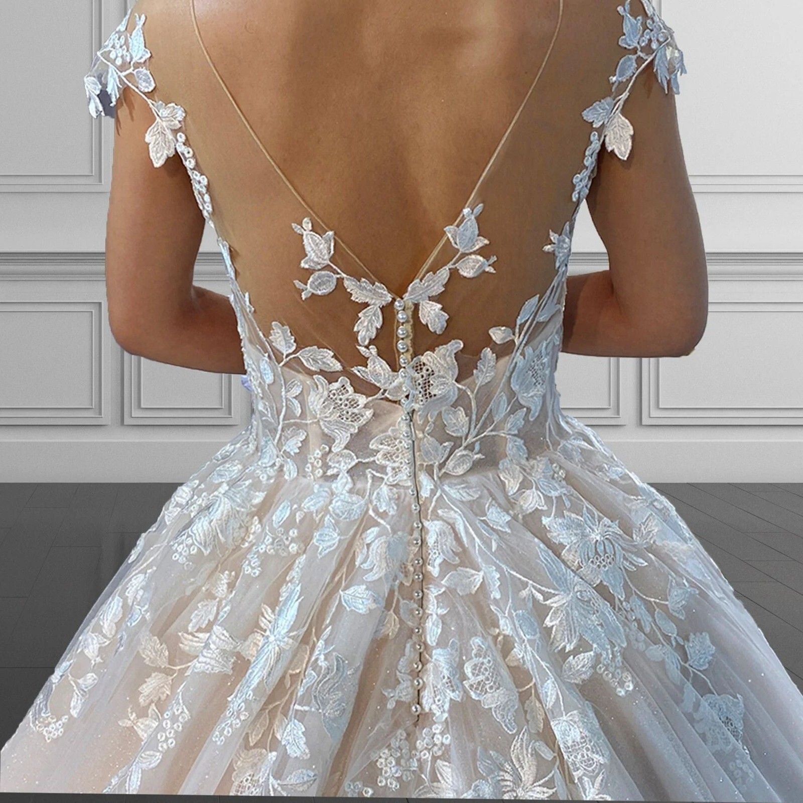 Blush Champagne Beaded Lace Wedding Dress Bridal Gown Custom made Glitter Tulle