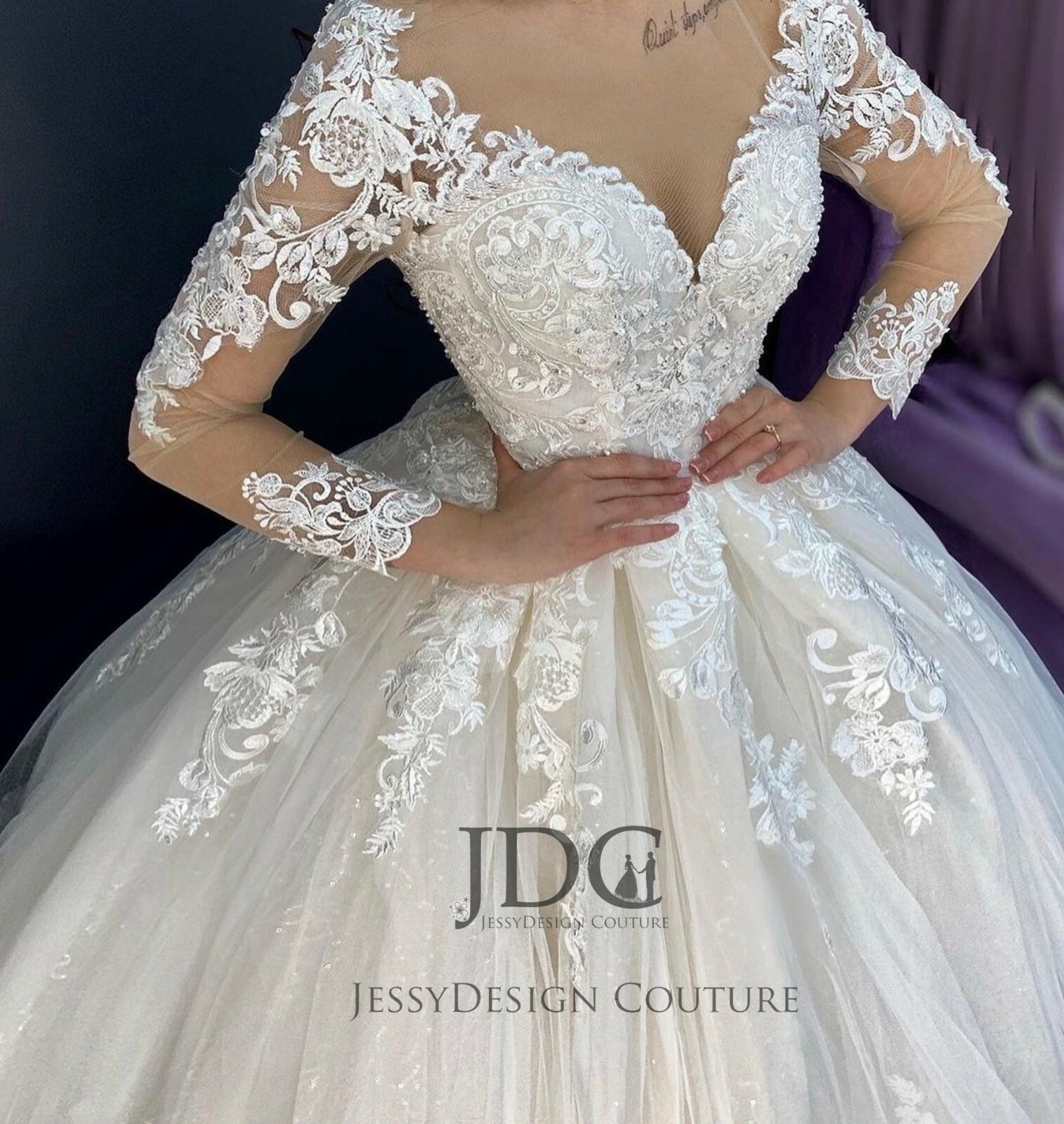 Sparkly Glam Lace Wedding Dress Ball Gown long sleeves Ivory Sequins Custom made