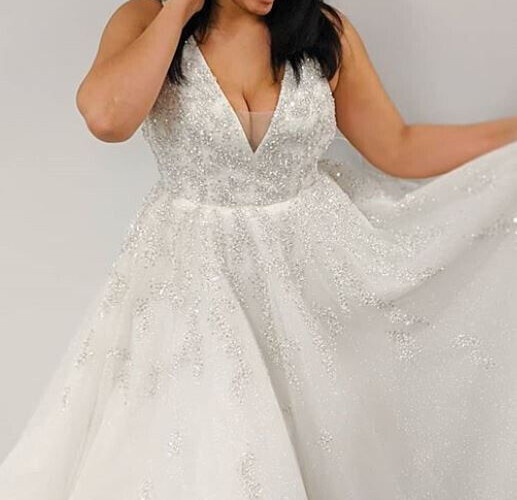 Allison Webb 4953 Marcella Wedding Dress 10 Ivory Silver Gold Sparkle Illusion V