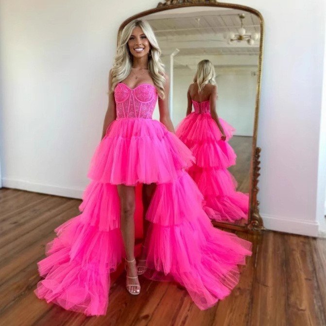 Strapless Rose Red Wedding Dress Princess Dress with A Long Trailing Dresses