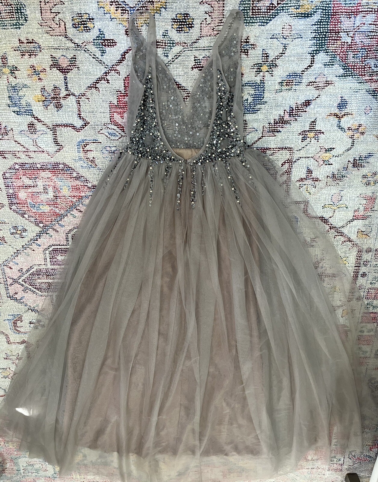 Boho Pearl and Sequin Taupe Tulle Wedding Dress with Slit Bridal Formal Gown