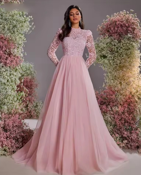 Pink Embroidery Floral Wedding Dresses A-line Long Sleeves High Neck Bridal Gown