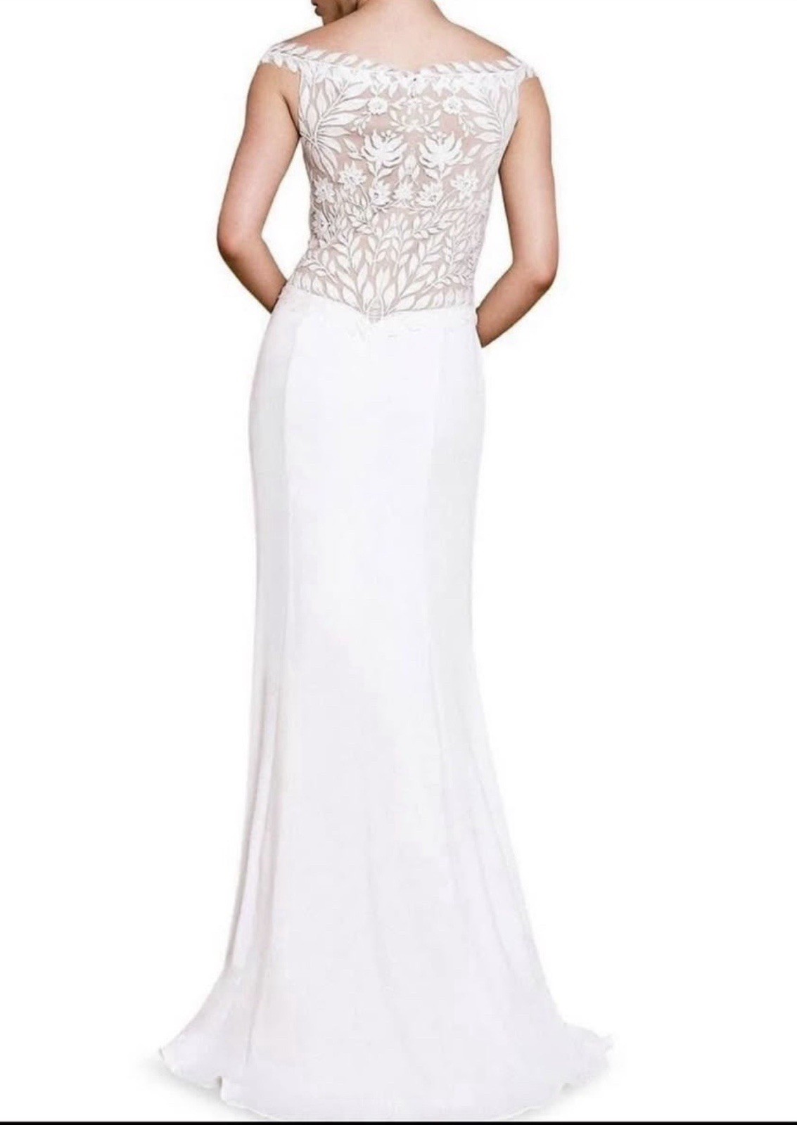 Ivory Off-the-Shoulder Portrait Lace Embroidered Cap Sleeve Sheath Dress