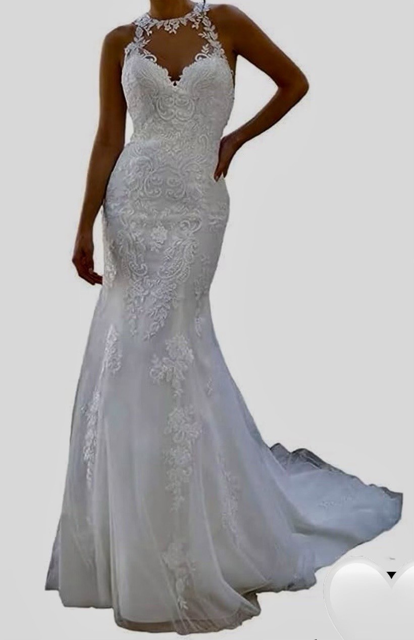 Bridal Wedding Gown Ivory Lace Halter Mermaid Dress Size 12 Button Detail Train
