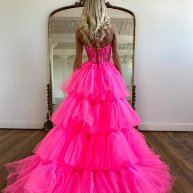 Strapless Rose Red Wedding Dress Princess Dress with A Long Trailing Dresses