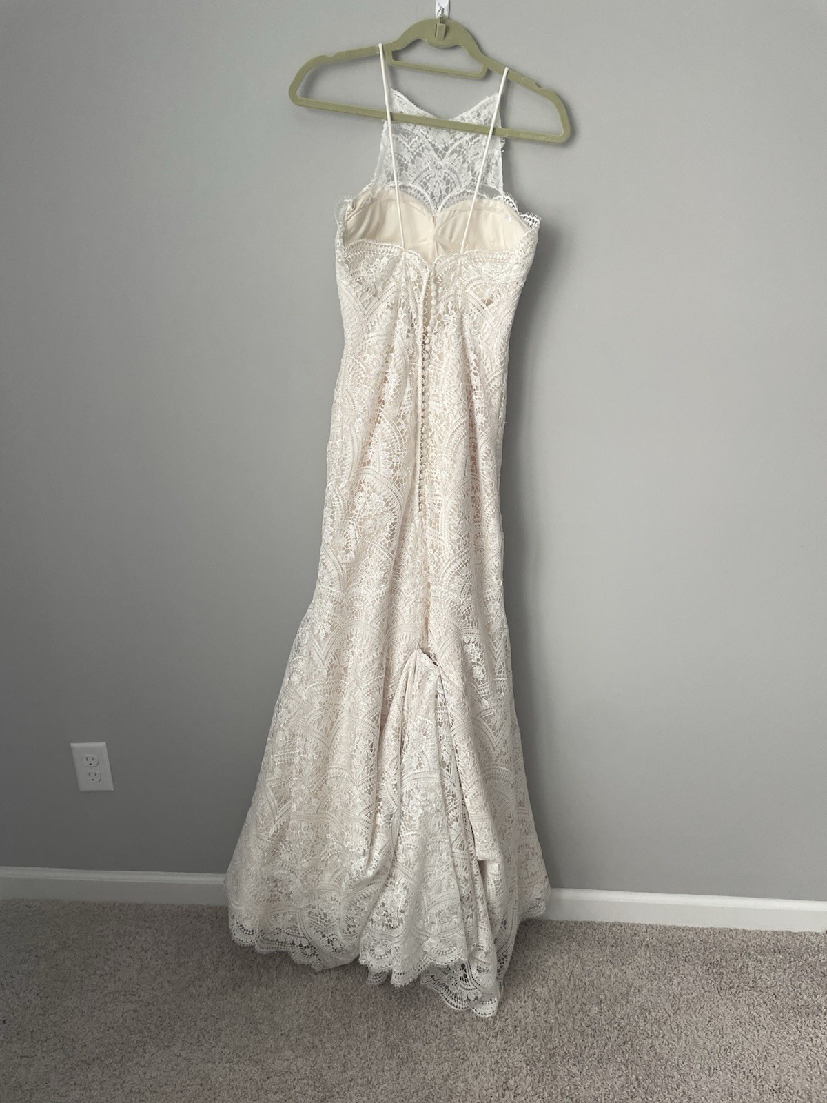 Ivory Lace Wedding Dress High Neck Thin Strap Backless Beach Boho Cottagecore