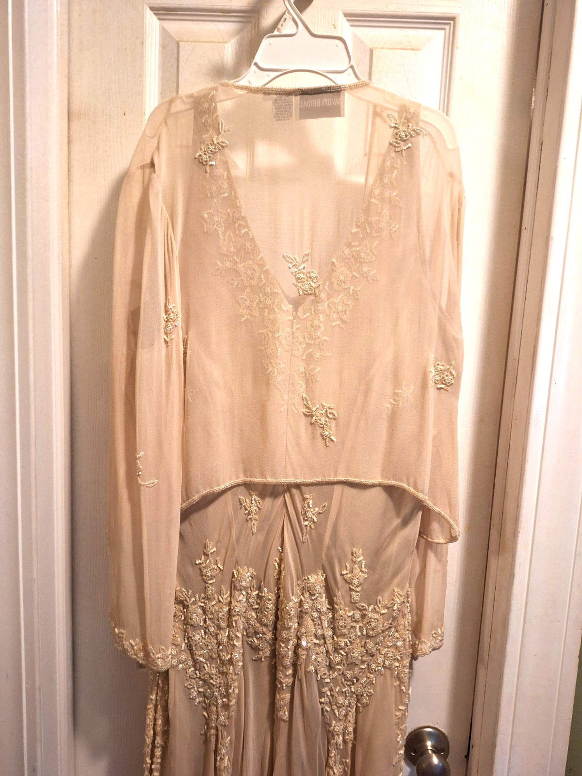 Vtg Davids Bridal art deco ivory 1920s style Silk bead wedding dress 2 pc sz 14