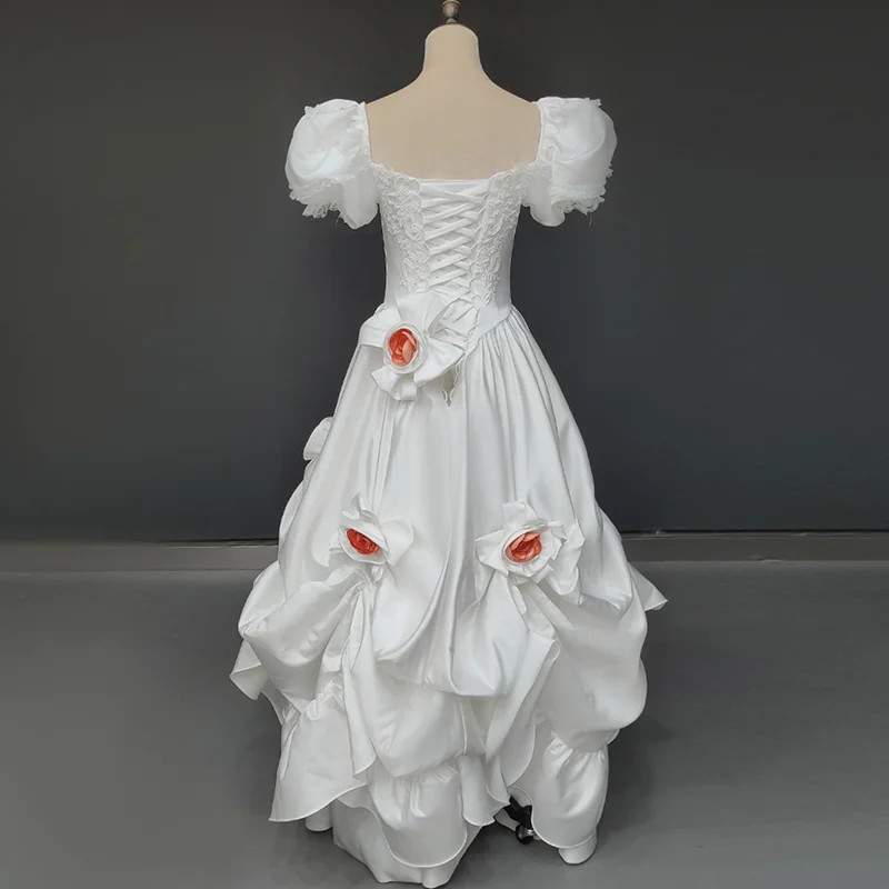 White Satin Pink Rose Flower Princess Sweetheart Puff Sleeve Ruffles Beading
