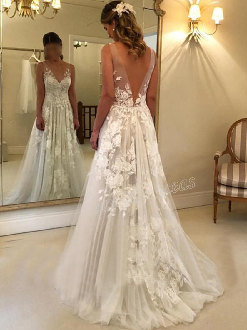 Boho Wedding Dresses V-Neck Backless Lace Applique A Line Bridal Gowns Custom