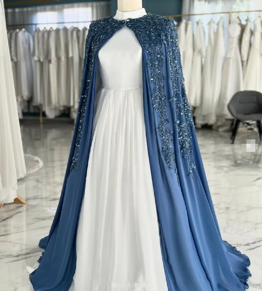 High Neck White Chiffon Wedding Dresses Navy Beaded Cape Formal Bridal Gowns