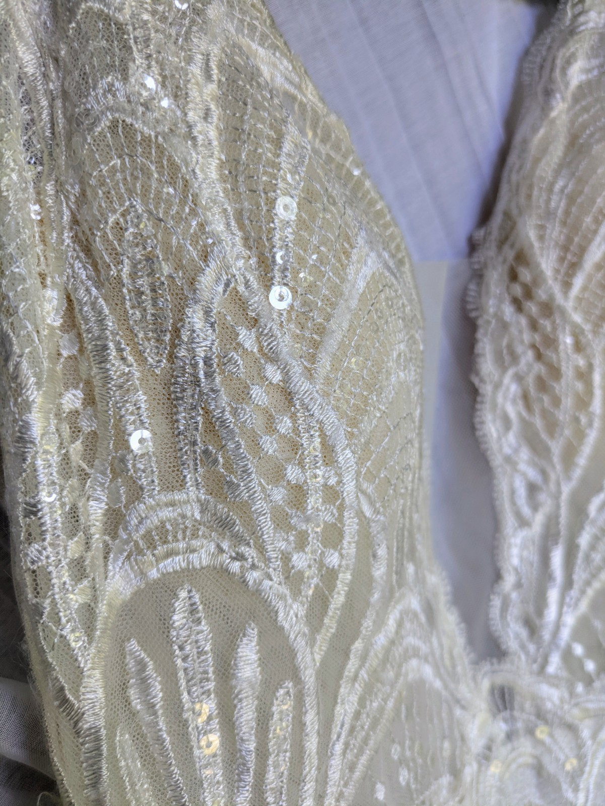 Jessica L’Amour Calla Blanche Wedding Dress – Size 2 Lace Beading Train Art Deco