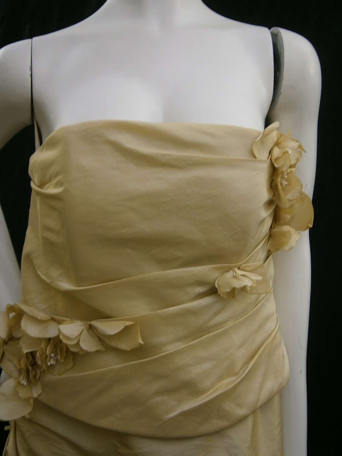 Gold Satin Wedding Dress Strapless Ruching Side Drape & Dangles Pearl Buttons