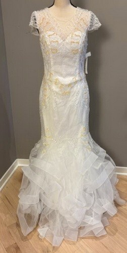Off White Beaded Sequin Pearl Illusion Tulle Ruffle Wedding Gown Size 14 $499
