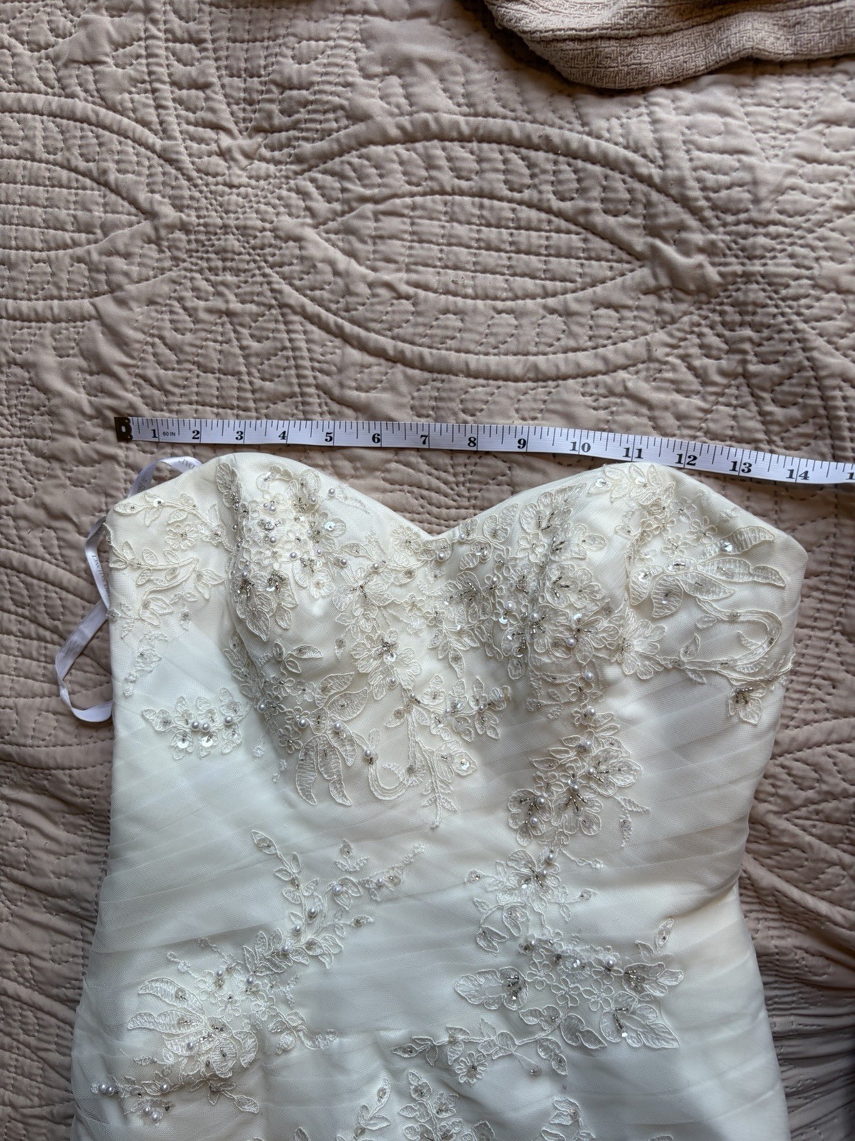 Ivory white chic classy David’s Bridal lace beaded strapless petite wedding gown