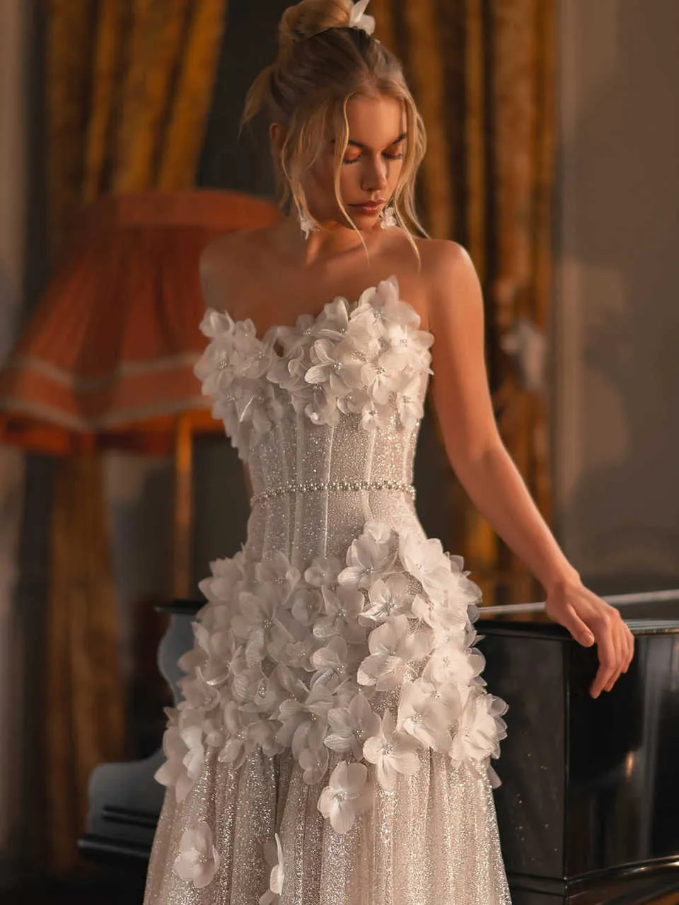 Elegant A Line Wedding Dresses Off Shoulder Lace 3D Flowers Sequins Bridal Gowns
