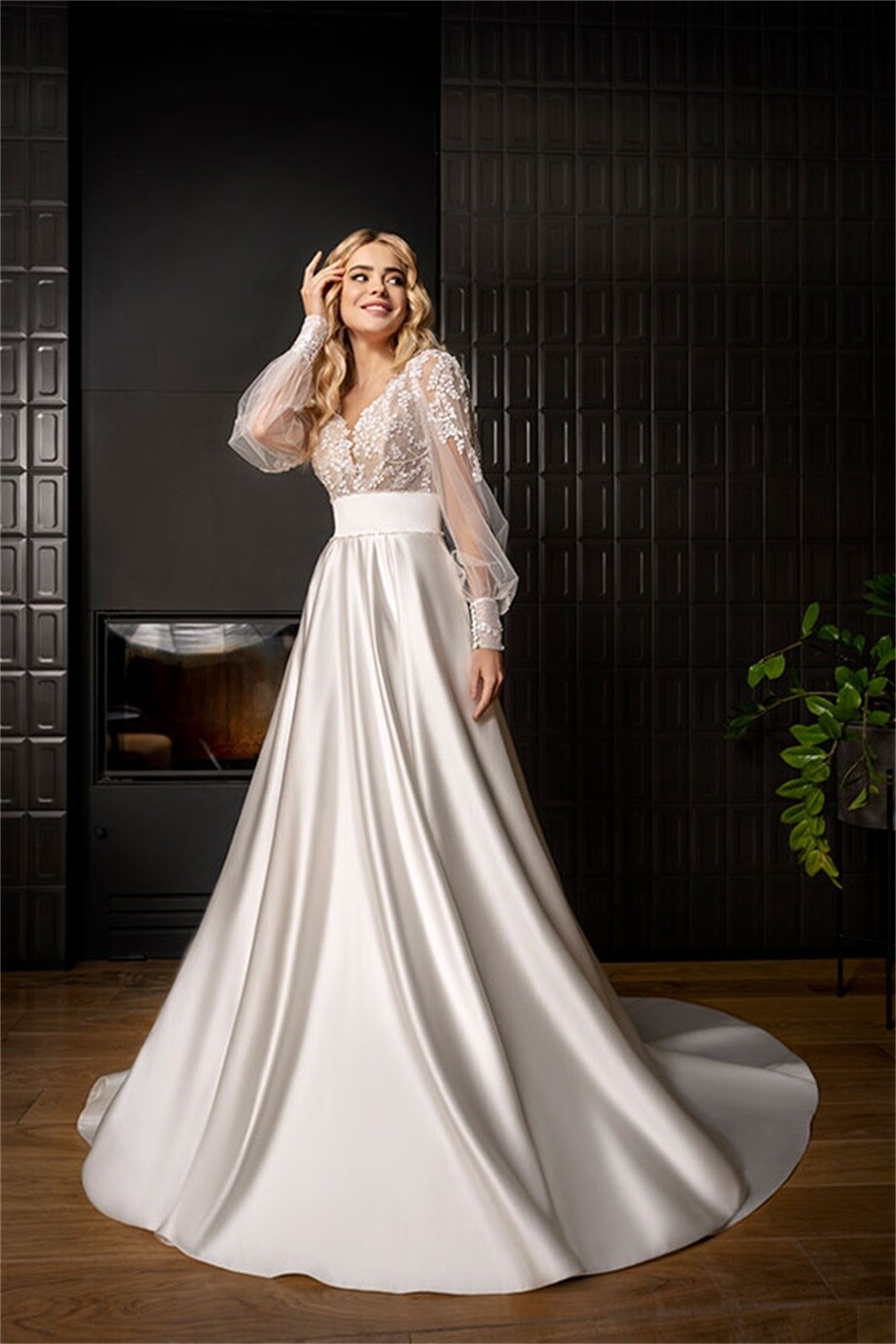 Wedding Dresses Long Sheer Sleeve Lace V Neck Applique Train A Line Backless=-=
