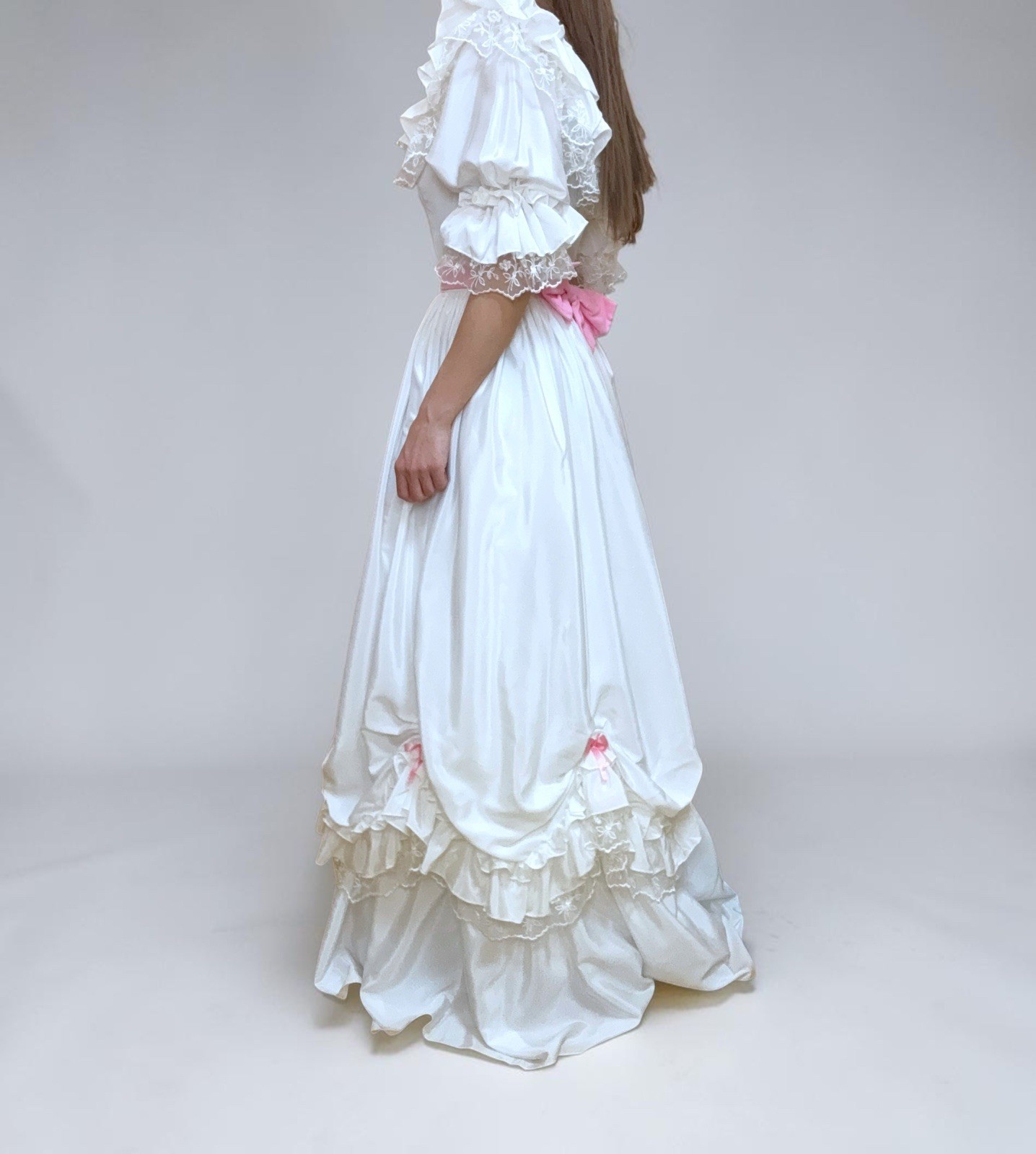 Victorian Vintage White Satin Wedding Dress Portrait Neck 3/4 Sleeve + Pink Bow