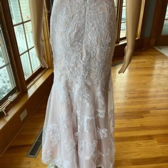 * Pink Spaghetti Strap White Lace Flared Wedding Gown Bridal Dress Size 4 6