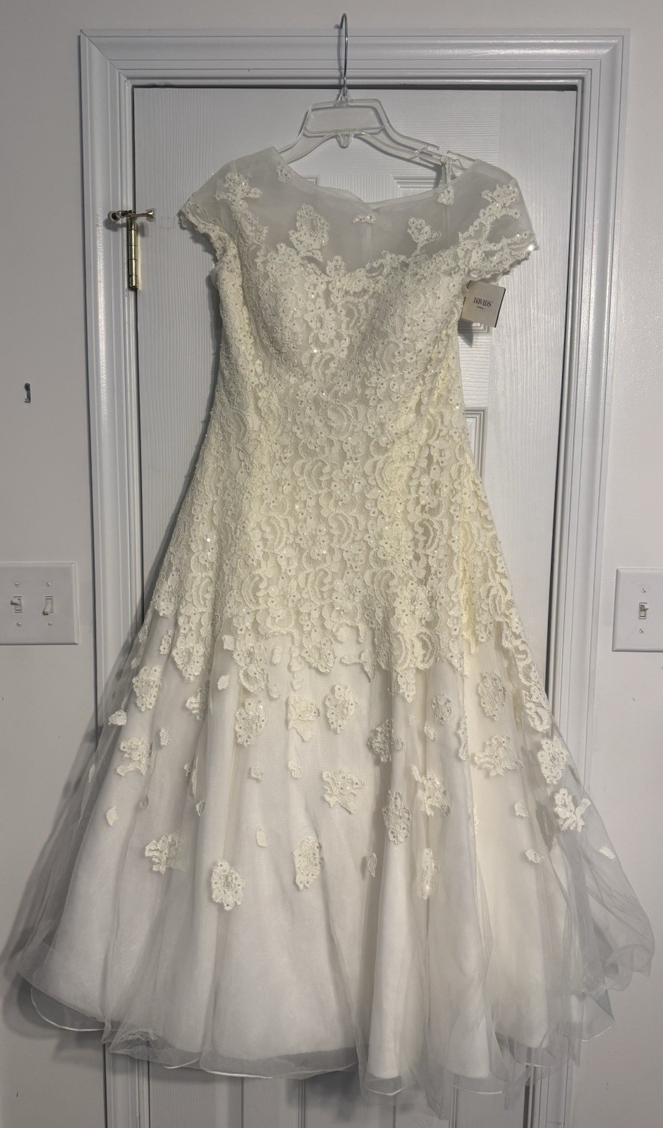 Oleg Cassini Elegant White Lace Wedding Dress with Sheer Cap Sleeves