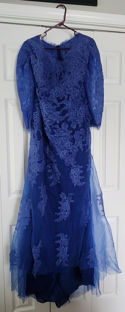 Elegant Mermaid Mother of The Bride Dress V Neck Lace Formal Blue 3/4 Sleeve
