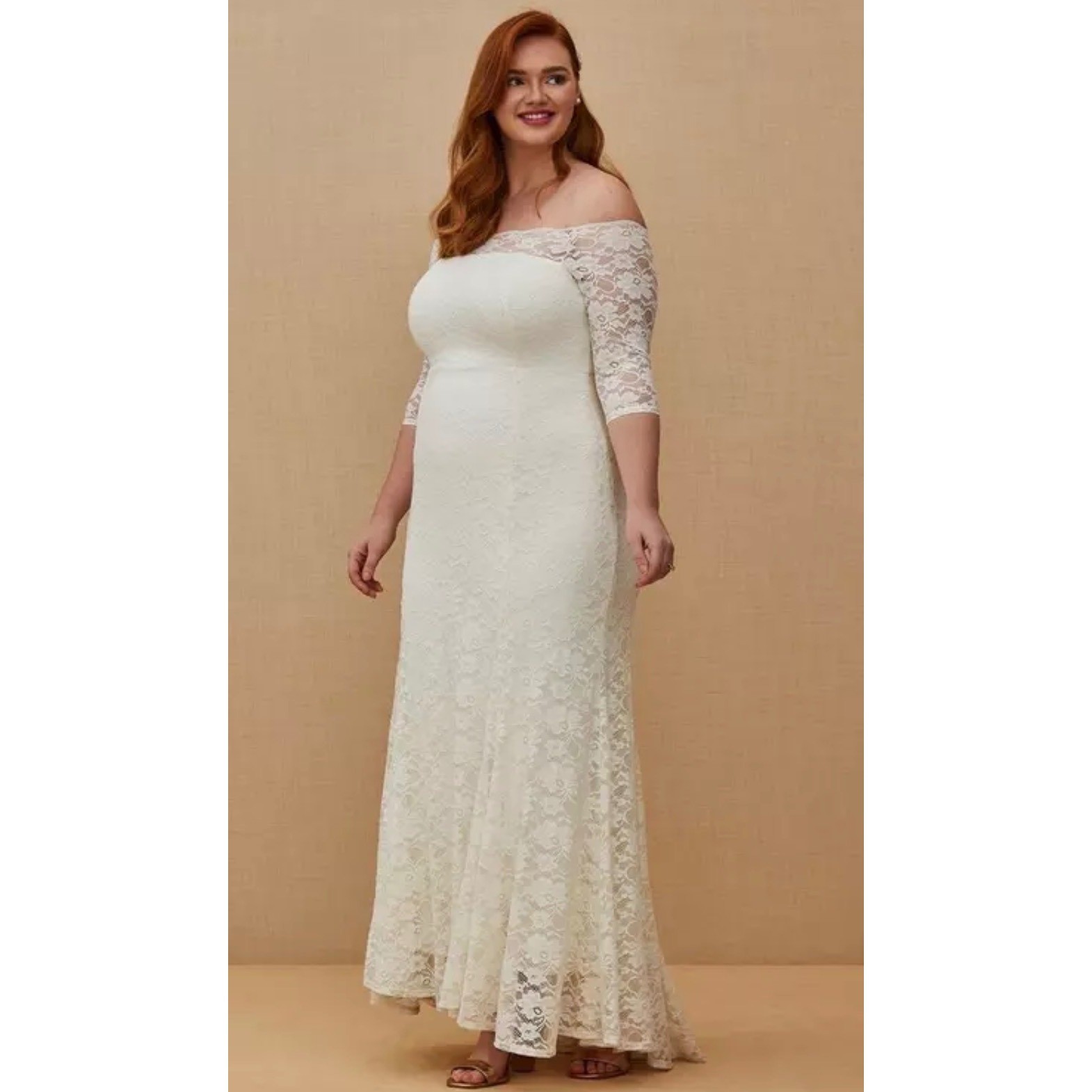 Torrid 14 Off White Lace Off Shoulder Wedding Dress 3/4 Sleeve Maxi Gown Train