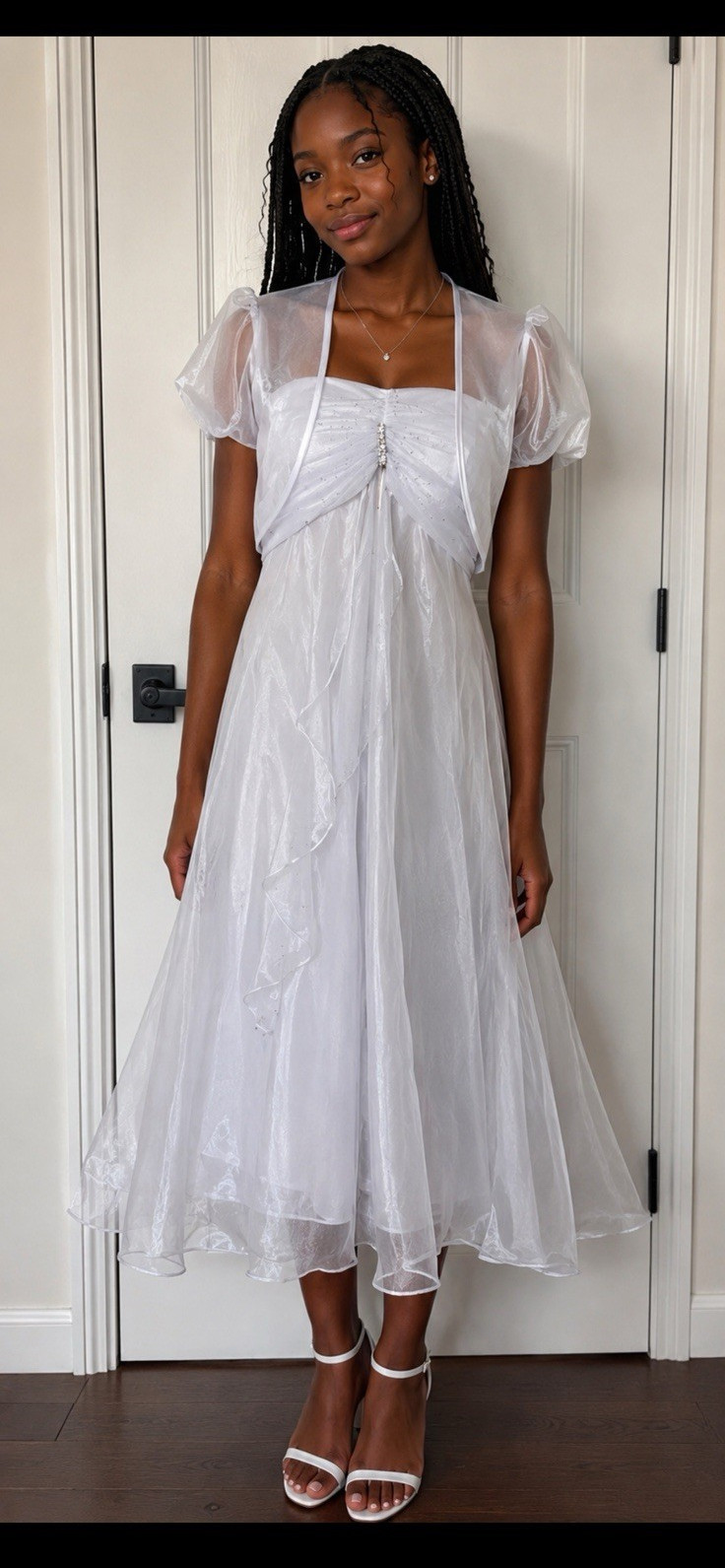 White Tulle A-Line Wedding Dress Square Neck Short Sleeve Mid-Calf