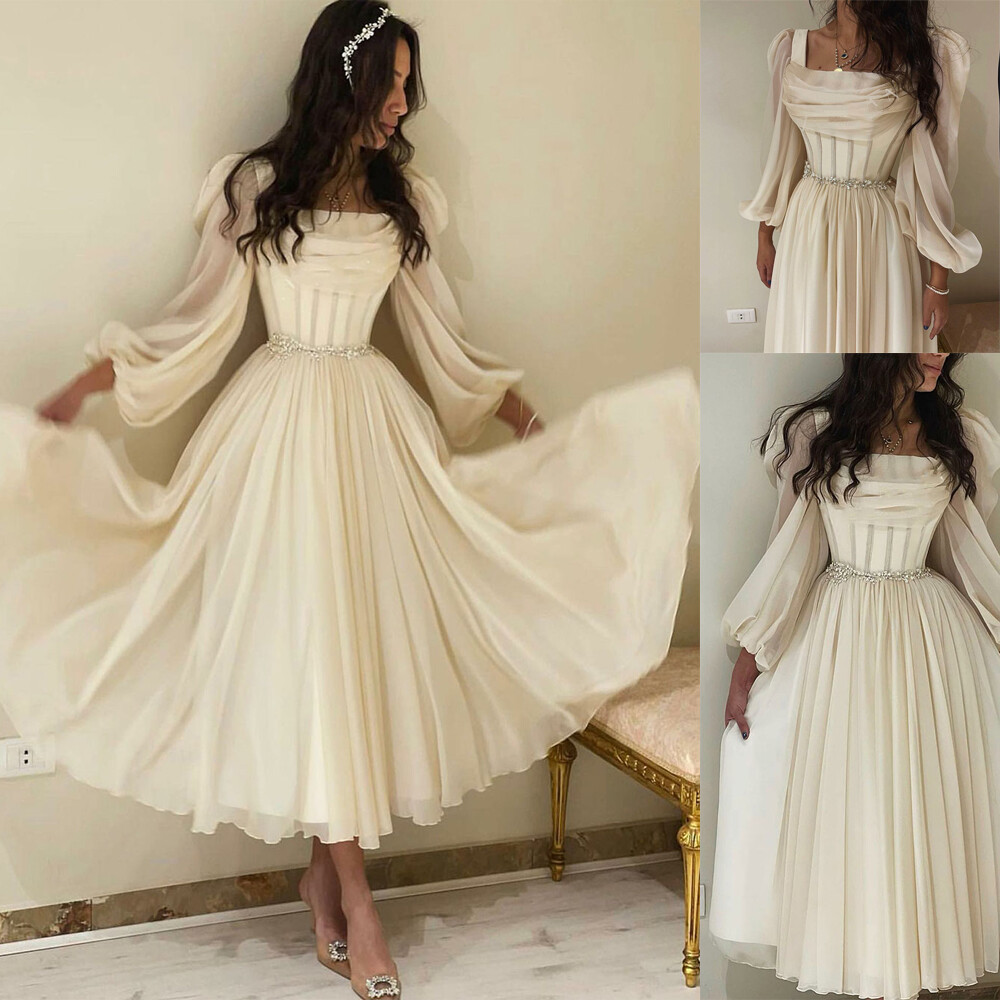Arabia Chiffon Wedding Dresses Short Tea Length Beaded Long Sleeves Bridal Gowns