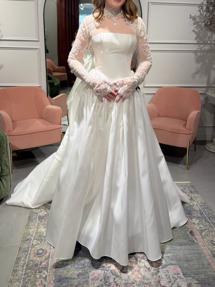 Satin Wedding Dresses with Detachable Sleeves Corset White Ivory Bridal Gowns