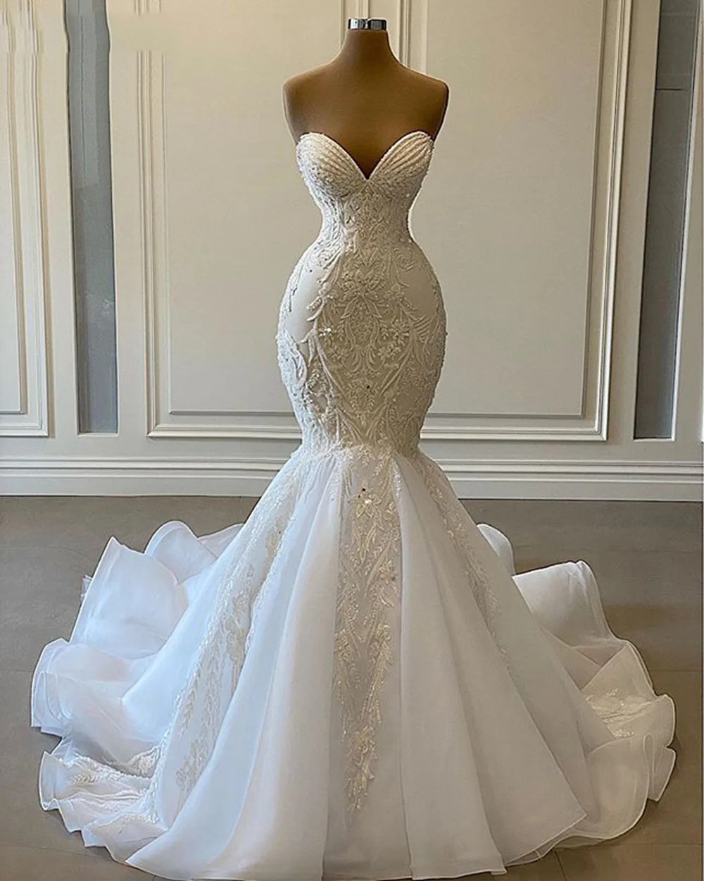 Luxury Wedding Dresses for Bride Mermaid Sweetheart Beads Lace Bridal Gowns