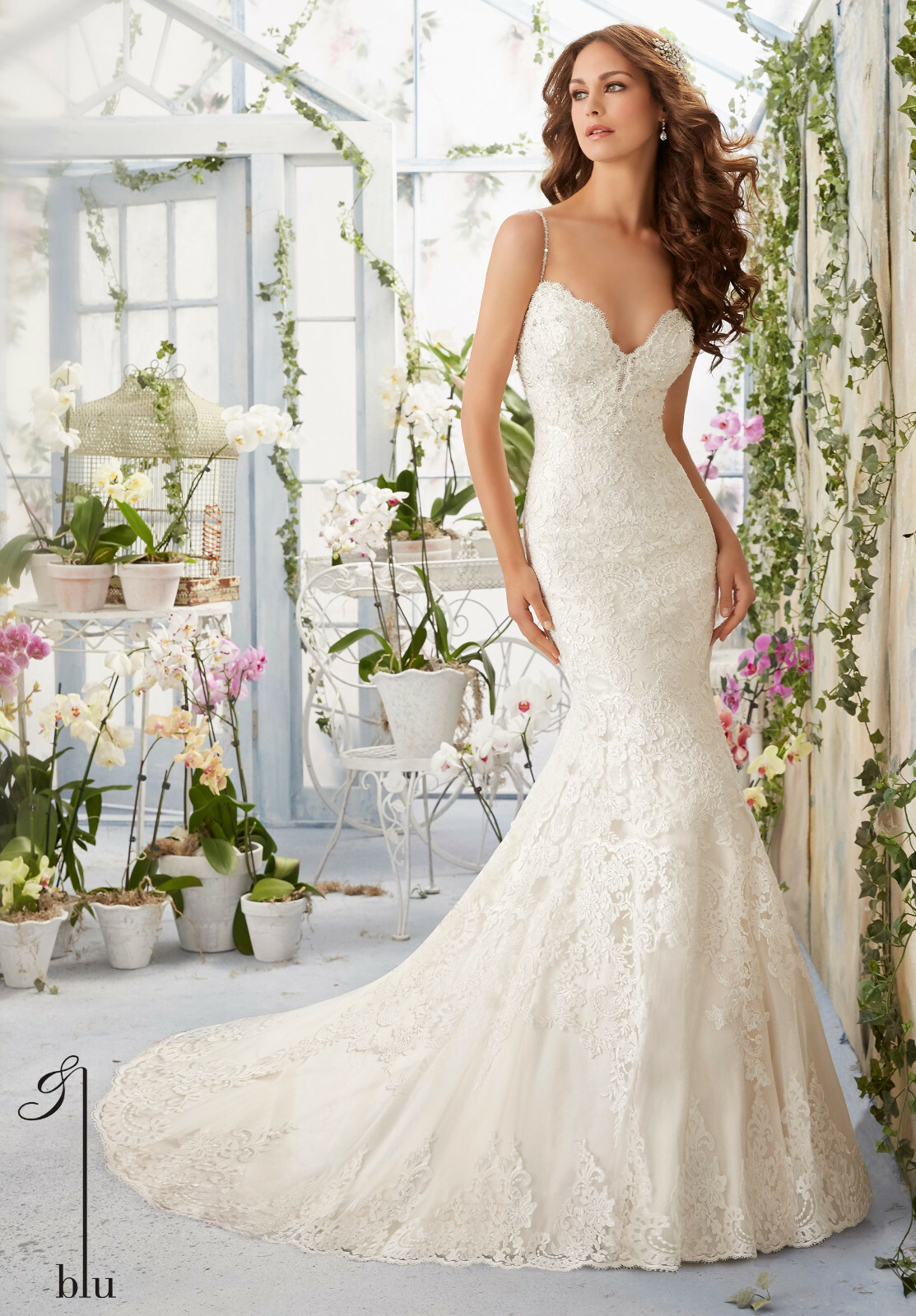 Blu Morilee Bridal 5415 Wedding Dress Sheath Fit Flare Fitted Beach V Neck Lace
