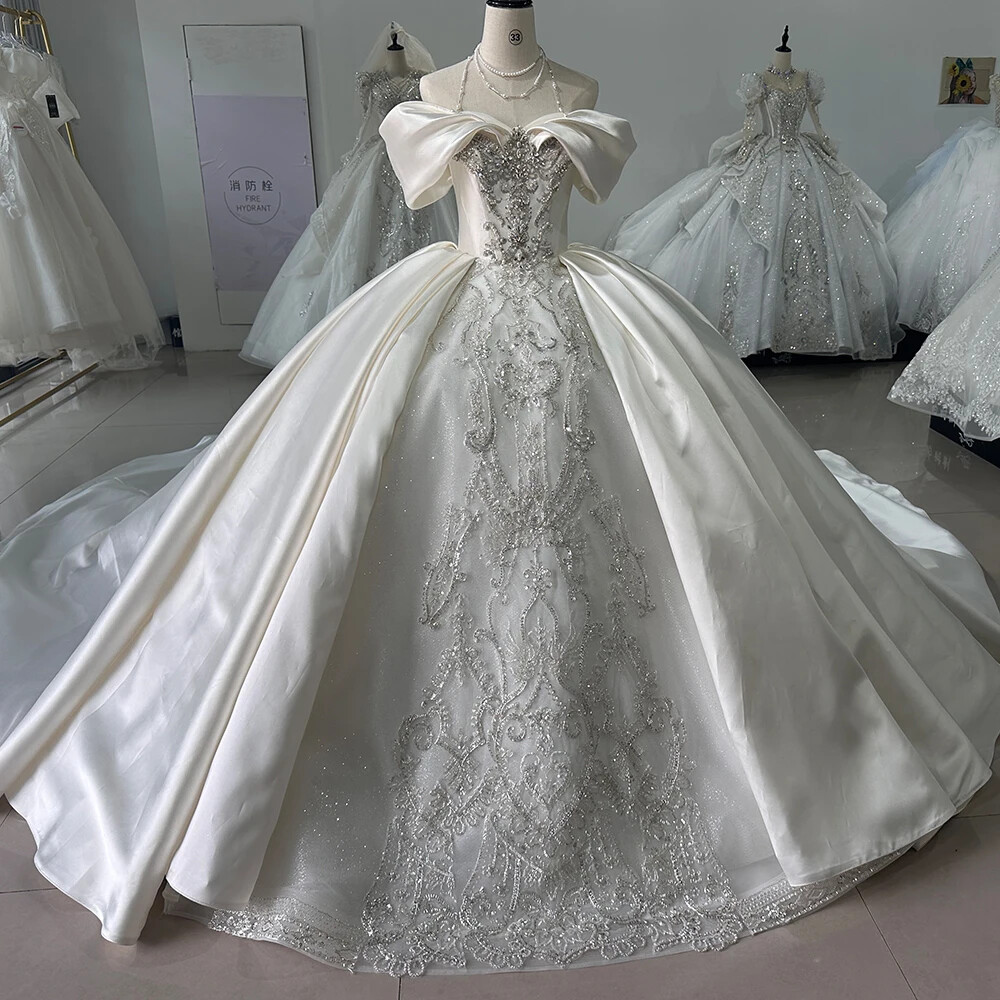 Off Shoulder Satin Beaded Ball Gown Wedding Dress Luxury Bridal Gown With Train