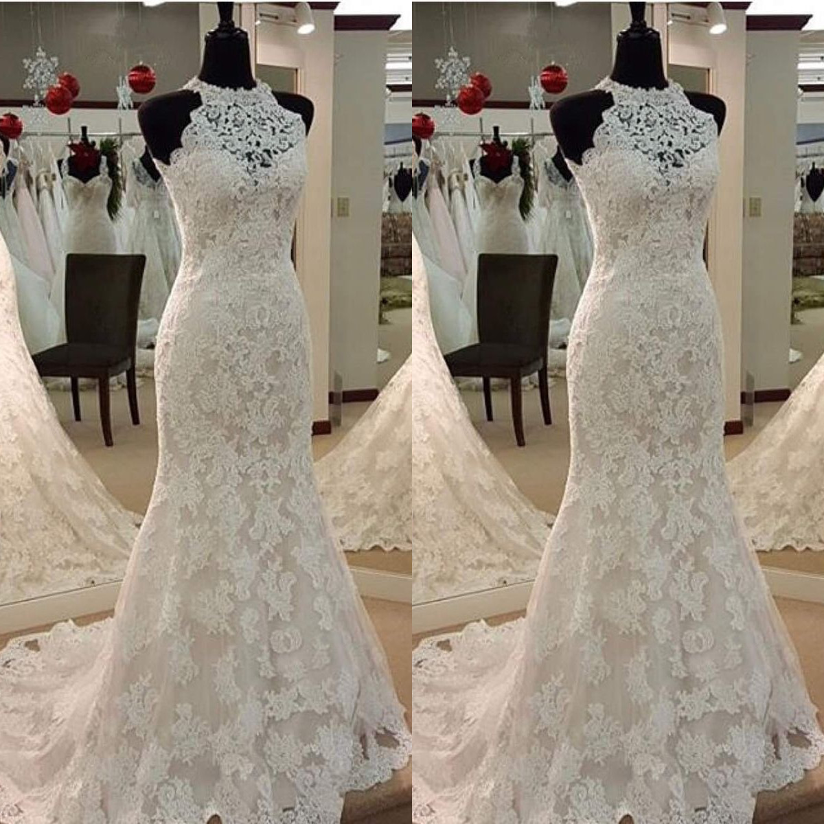 Choker Neck Wedding Dresses Mermaid Sleeveless Ivory White Lace Bridal Gowns