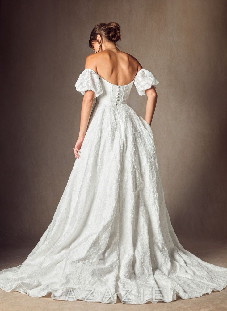 AZAZIE White Off-Shoulder Sweetheart A-Line Jacquard Train Corset Back