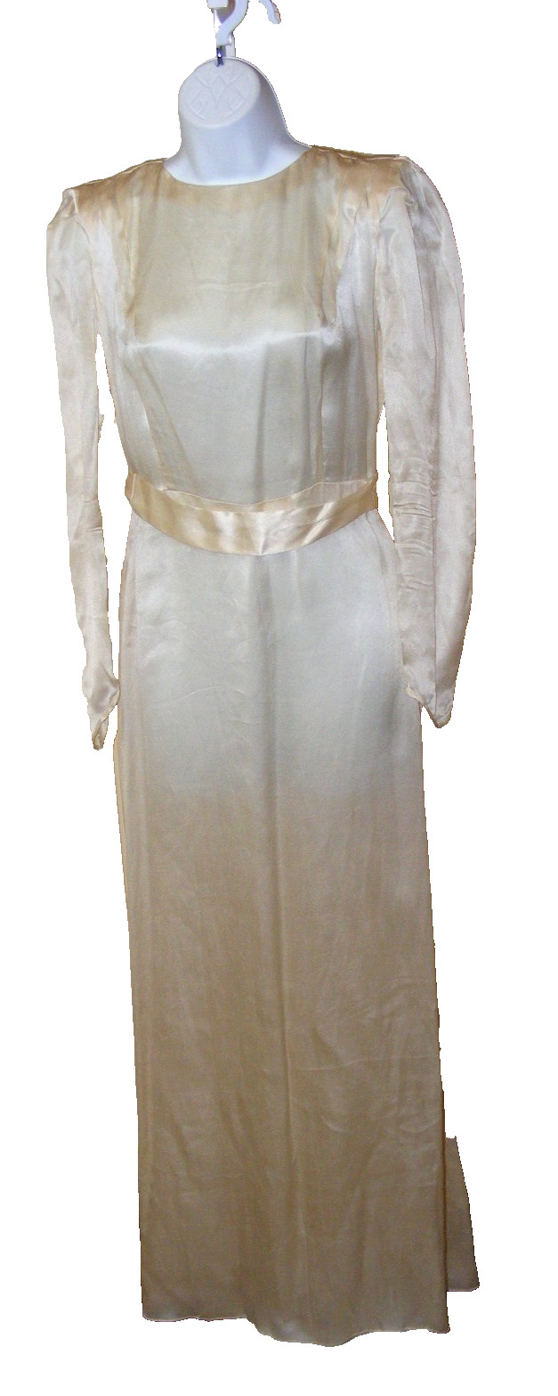 1930S WEDDING DRESS BRIDAL WEAR IVORY RAYON CREPE SIMPLE DESIGN LONG SLEEVE BELT