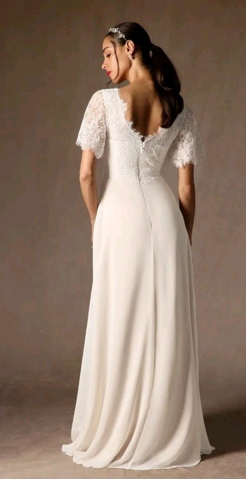 Azazie NWT Veradis Diamond White/Champagne Wedding Dress Sz WD14 Flutter Sleeve
