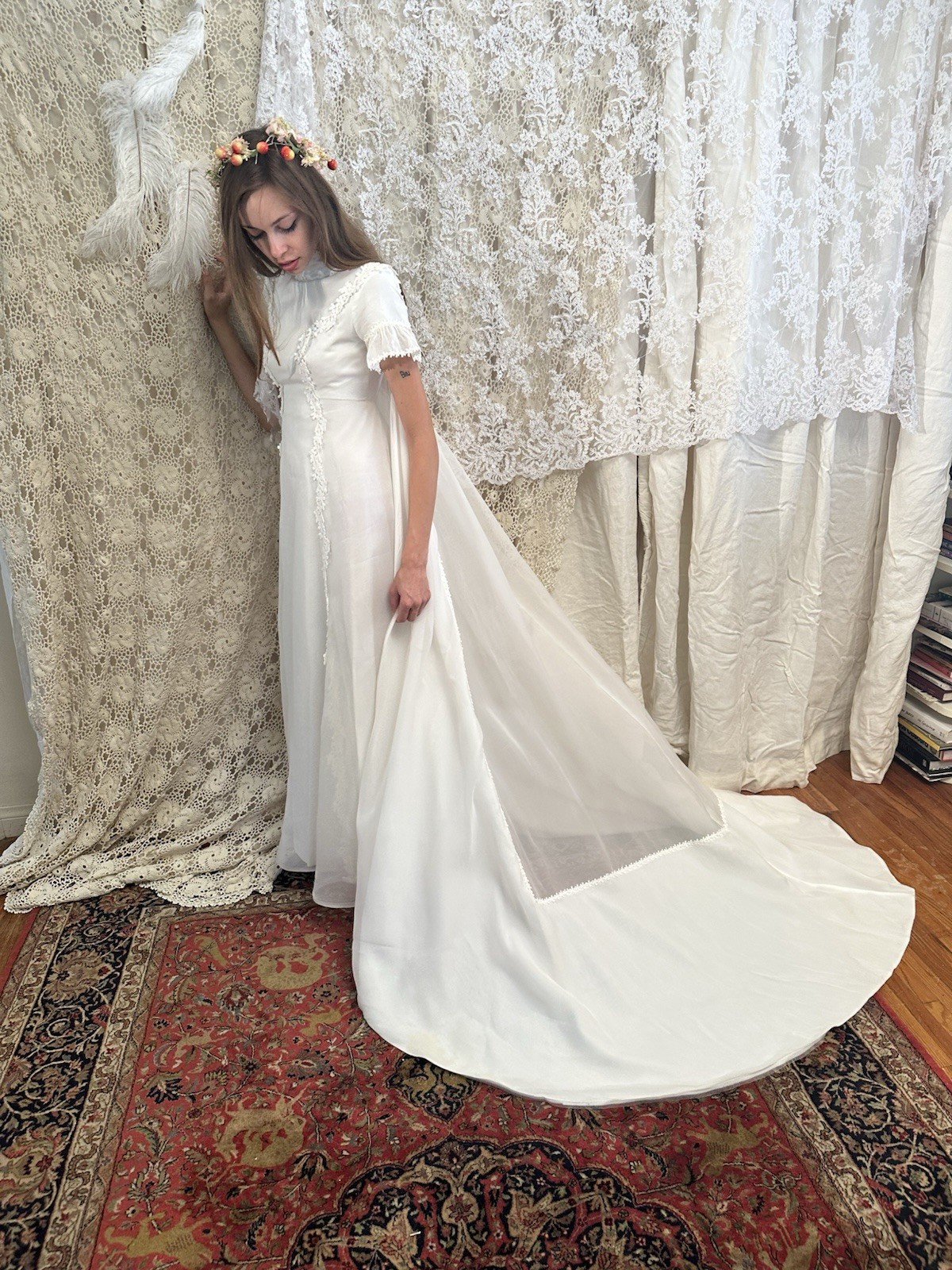 Vintage 1960s Restored White Lace High Neck Short Sleeve A-Line Wedding Dress