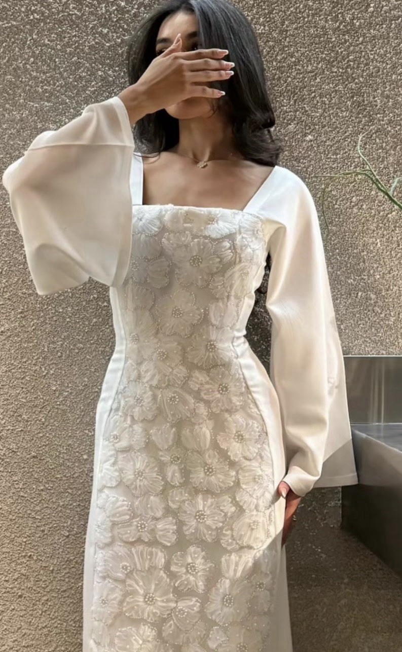 White Square Neck Long Sleeve Embroidered Beaded Sheath floral Graduation dress