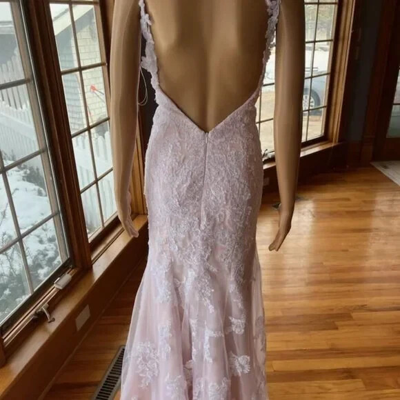* Pink Spaghetti Strap White Lace Flared Wedding Gown Bridal Dress Size 4 6