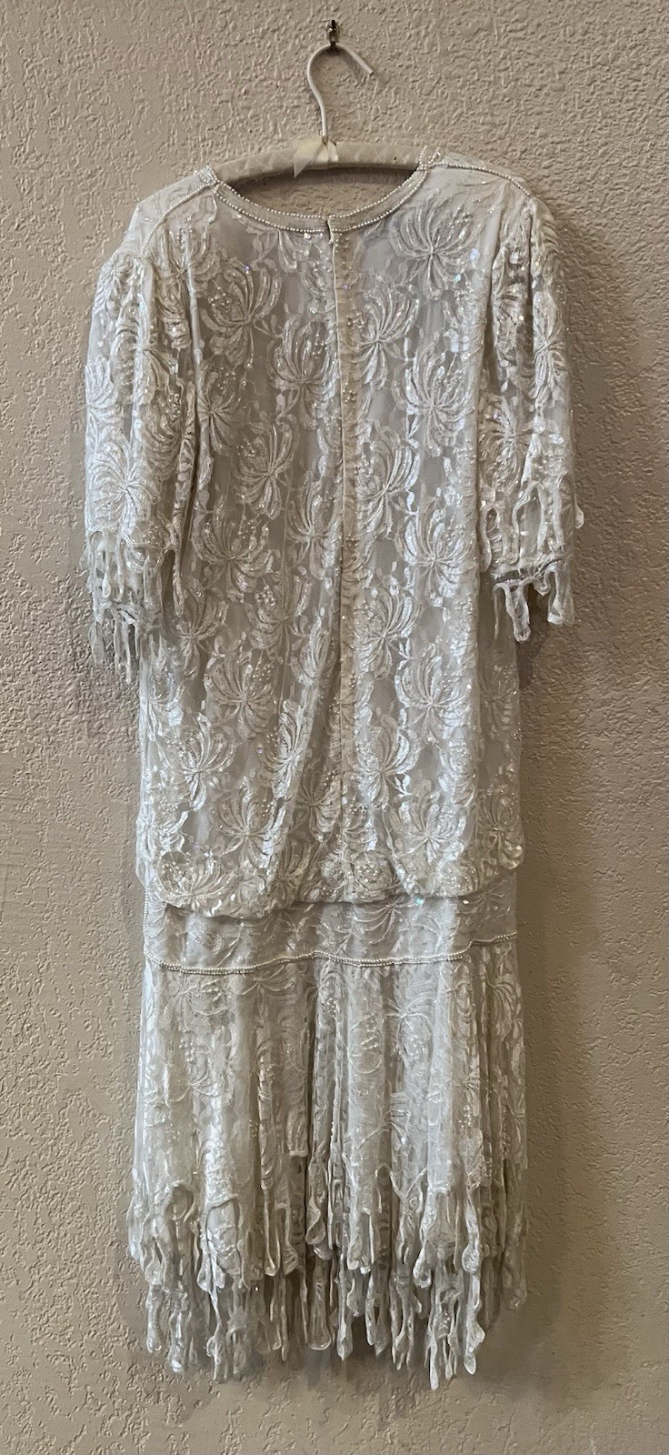 Laurence Kazar 80’s White Lace Heavily Beaded Pearl Wedding Dress Sz M Flapper