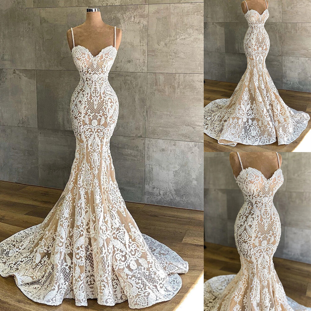 Sexy Champagne Mermaid Wedding Dress Sling Sleeveless Lace Applique Bridal Gowns