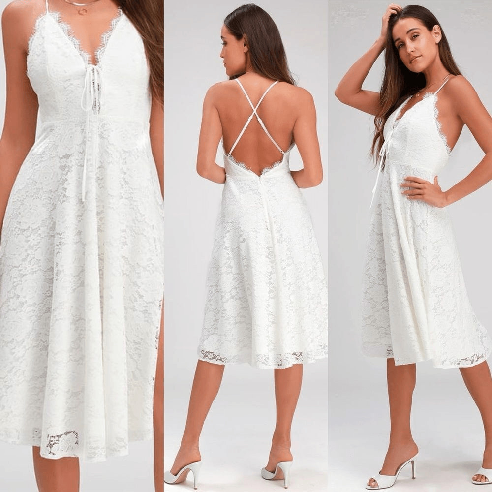 Lulus Waverly White Lace Midi Dress MEDIUM NWT Bridal Shower Courthouse Wedding