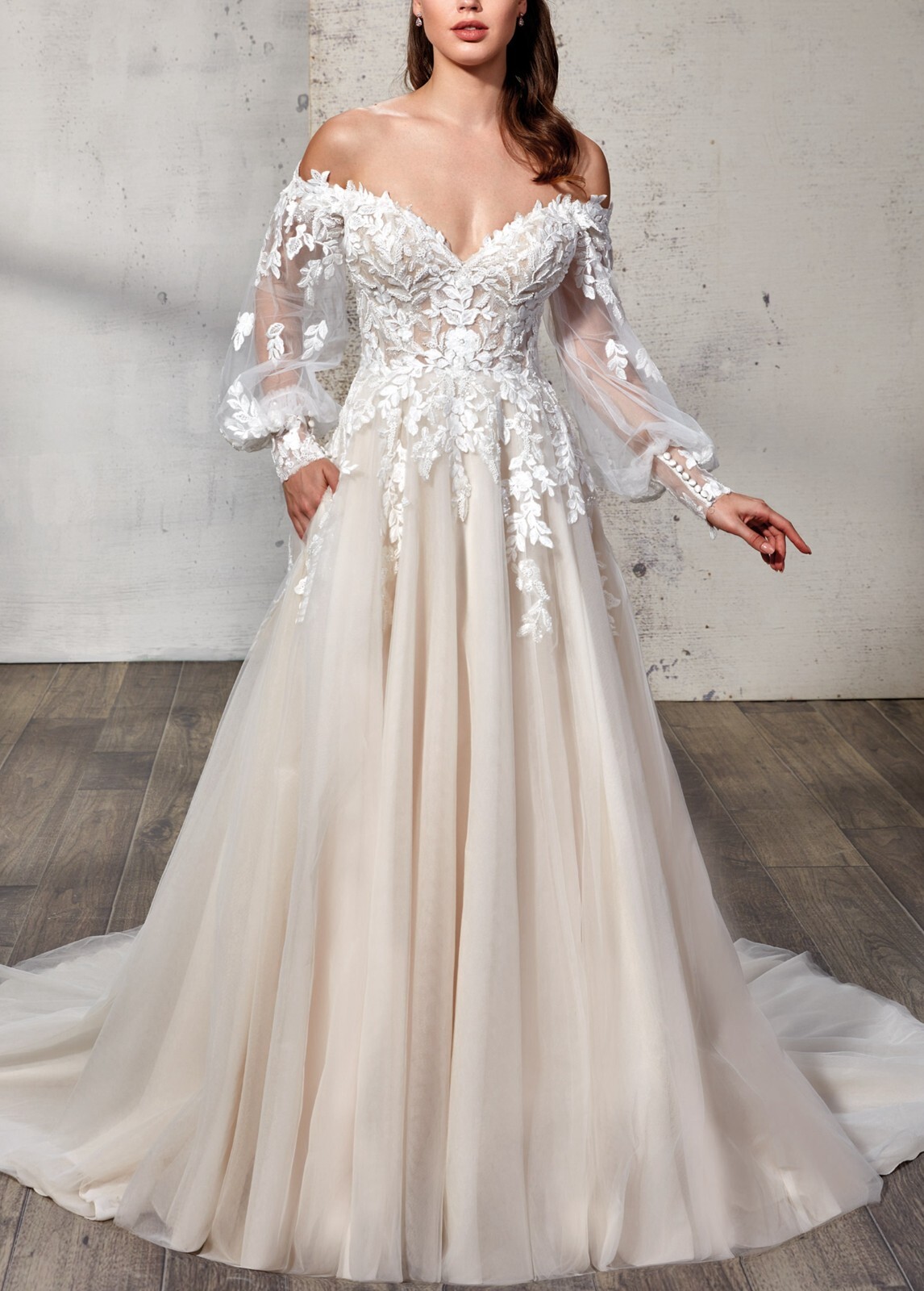 2026 Attractive Wedding Dress Bridal Gown Champagne off-Träger 2-28W Leaves Lace