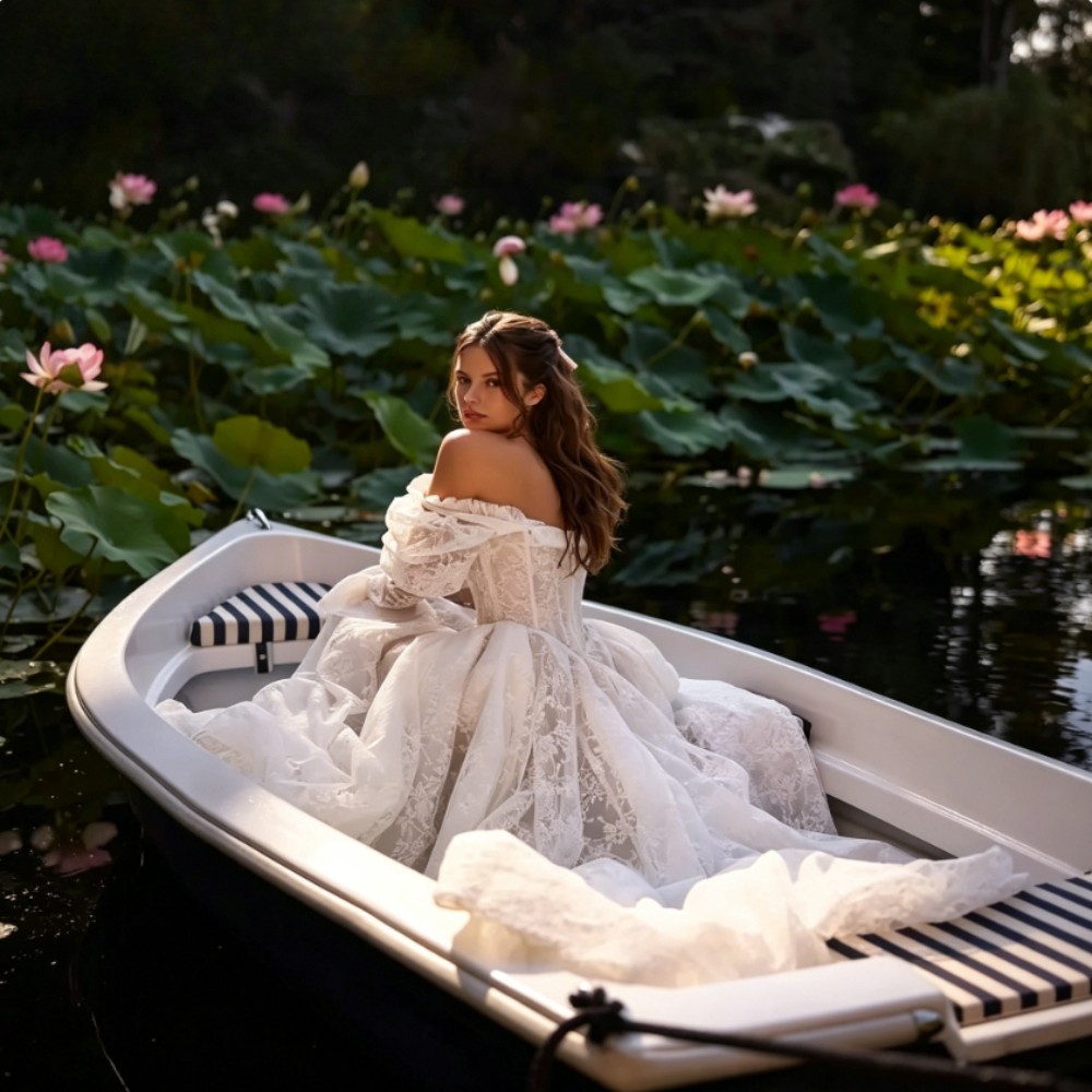 Boat Nack Lace Appliques Wedding Dresses Off Shoulder Long Sleeves Bridal Gowns