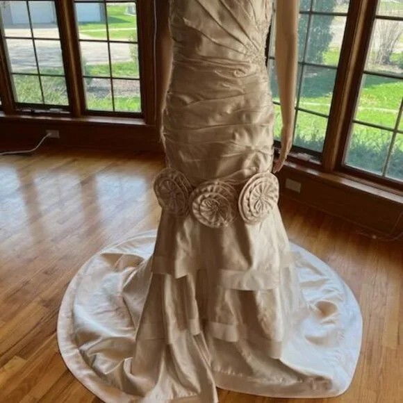 *Champagne Gold Satin Strapless Detachable Mini Wedding Gown Bridal Dress Size 4