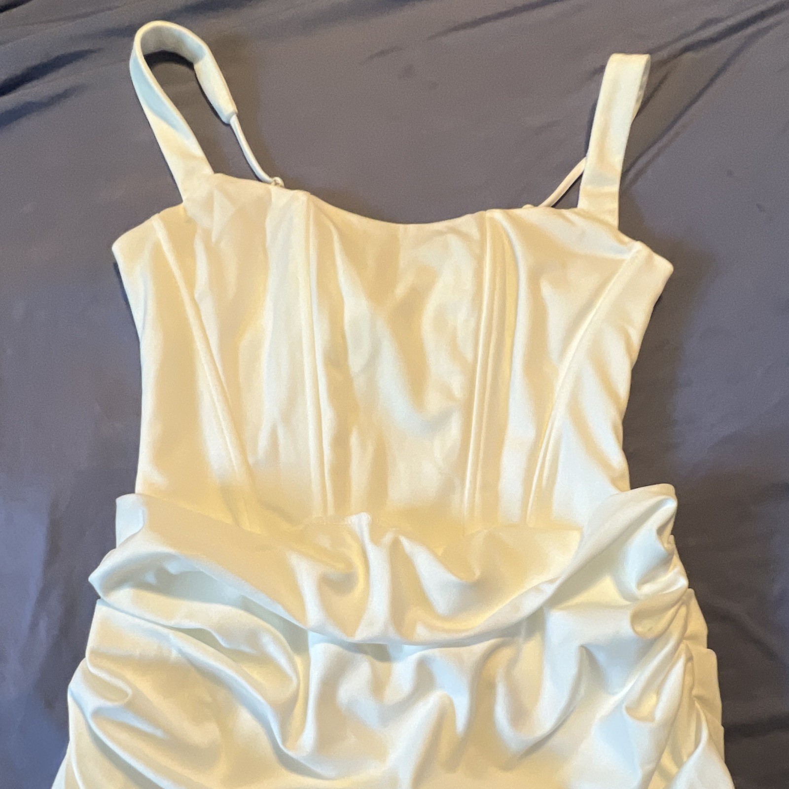 M White Satin Sleeveless Square Neck Ruched Mini Slip Dress Corset Back M