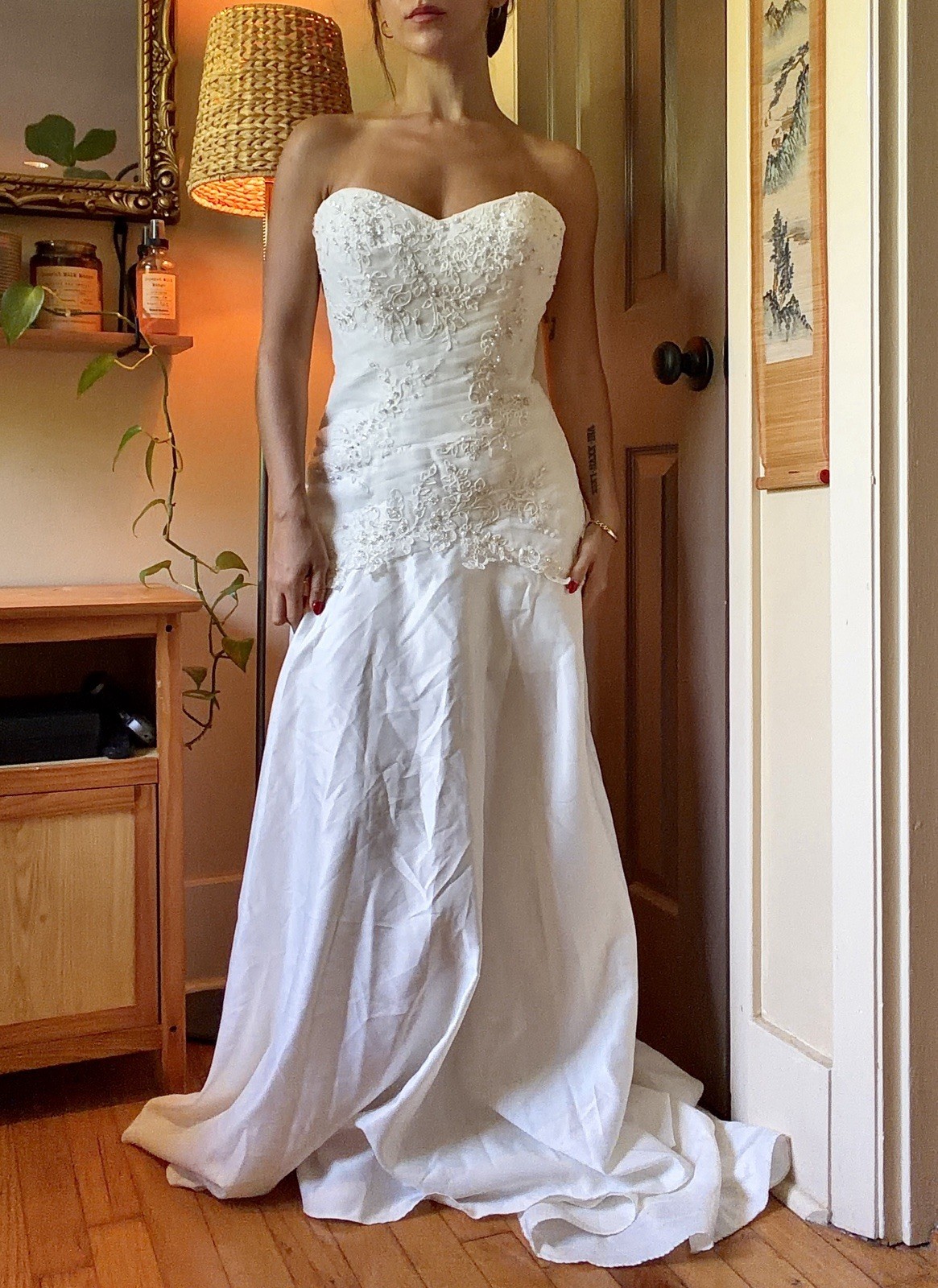 Ivory white chic classy David’s Bridal lace beaded strapless petite wedding gown