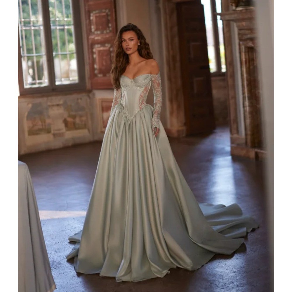 Dusty Green Corset Bridal Gown Off Shoulder Long Lace Sleeve Satin Wedding Dress