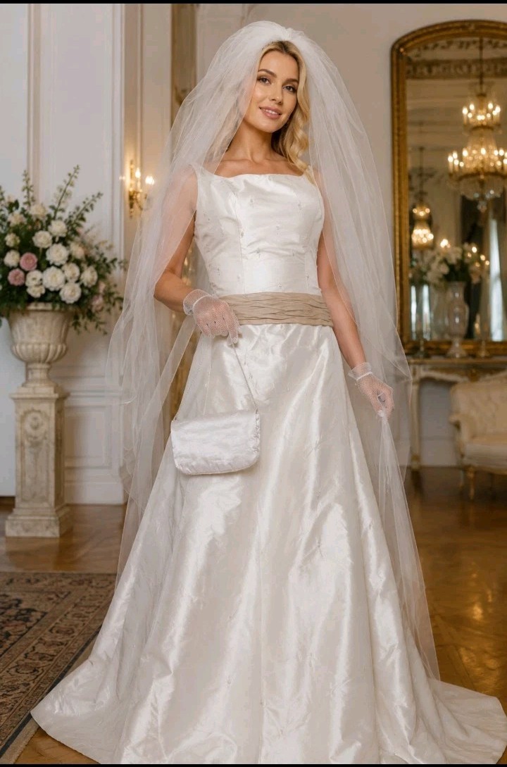 New Wedding Dress Gown M Veil Purse Gloves Long Train Ivory Cream Beaded Corset