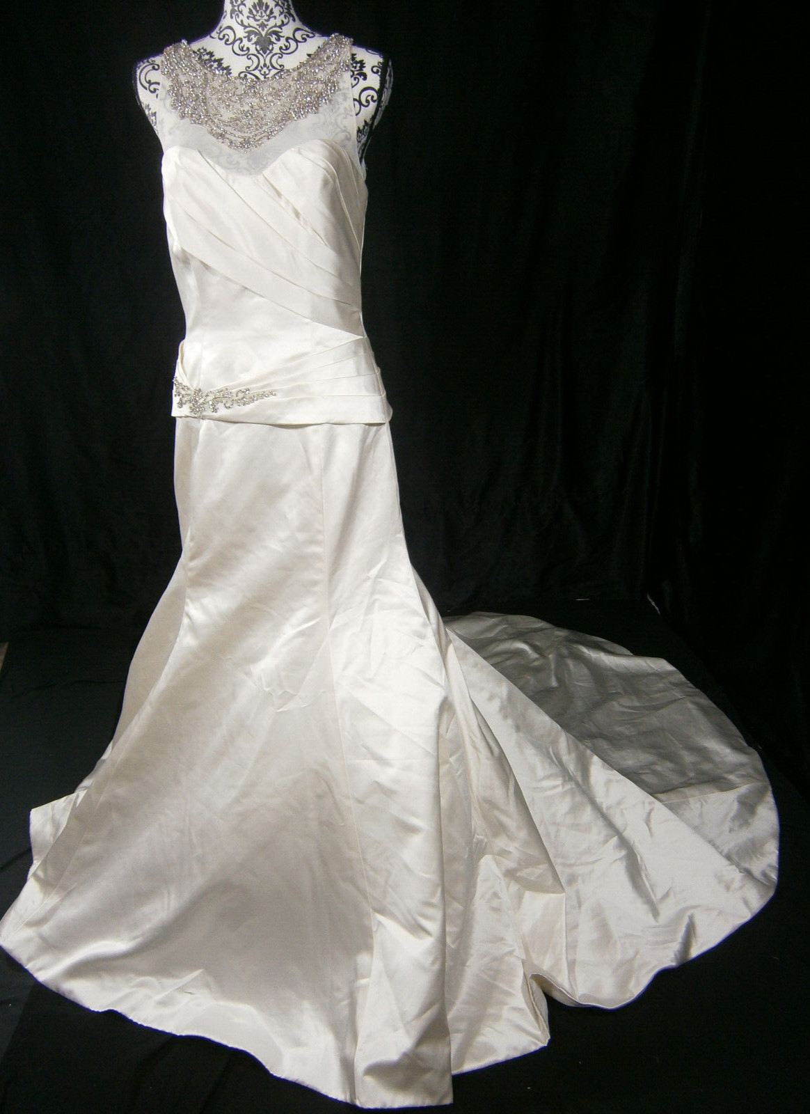 Cristiano Lucci Wedding Dress 6-10 Satin Illusion Crystals Fit & Flare Ruching